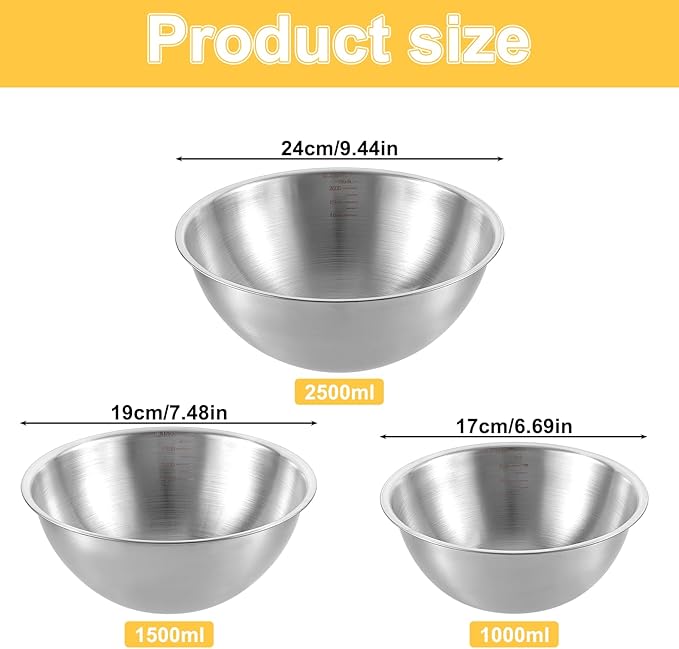 Stainless Steel Mixing Bowls 3 Packs Nesting Baking Supplies Small Thicker Stainless Steel Flat Bottom Stackable Salad Bowl Mixing Bowls Set for Cooking, Baking, Salad,Serving(1000/1500/2000ml)