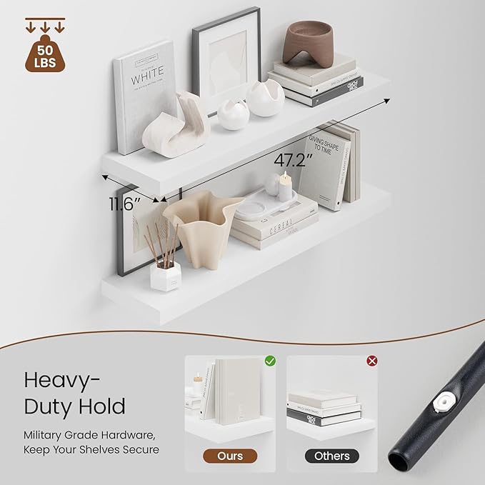 Heimlove 48W x 12D Long Floating Shelf, 12 Inch Deep White Floating Shelves for Wall Set of 2, Wood Shelves for Bedroom Living Room Bathroom Kitchen Home Office, Wall Shelves with Heavy Duty Bracket