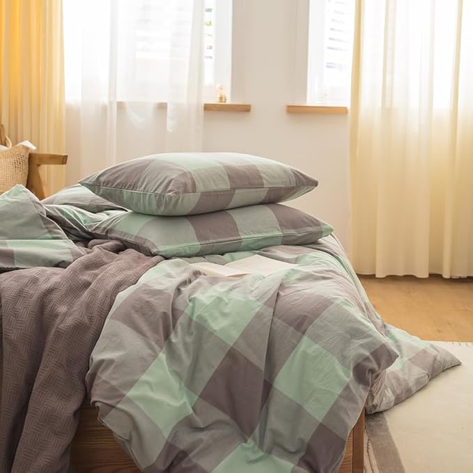 FACE TWO FACE Bedding Duvet Cover Set100% Washed Cotton Duvet Cover Linen Like Textured Breathable Durable Soft Comfy (Queen, Light Green Grid)