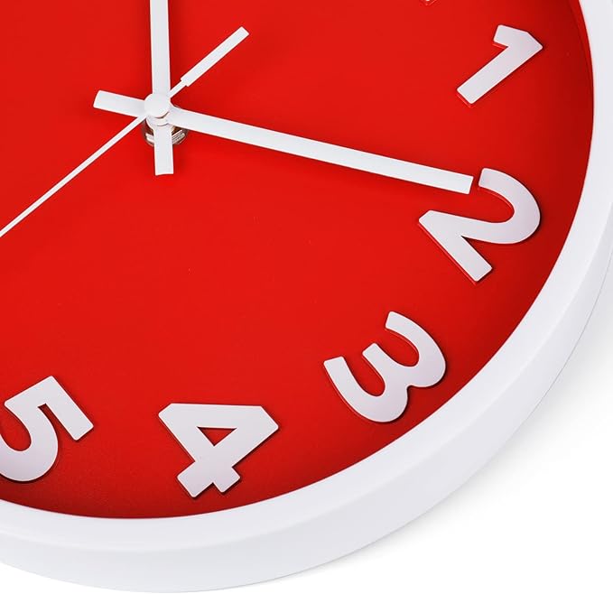 Red Wall Clock 10 Inch Silent Non-Ticking Battery Operated,Small Modern Wall Clocks Quality Quartz Analog Clock Decorative for Kitchen Home School Office, 3D Numbers Easy to Read