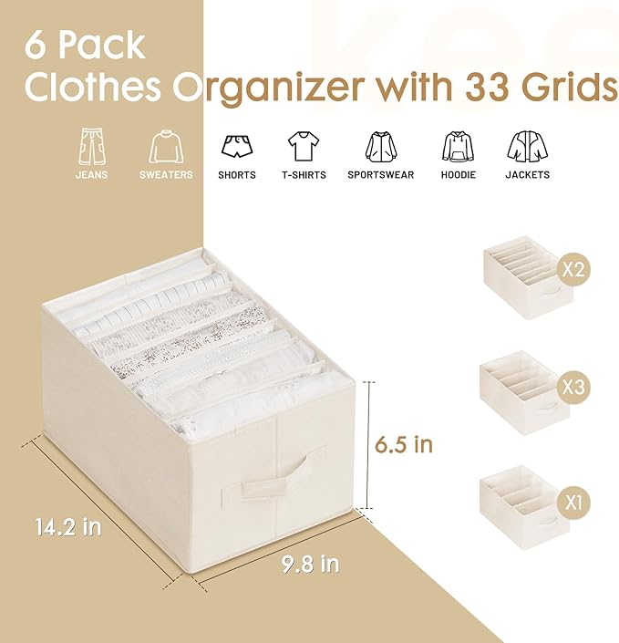 Criusia 6 Pack Large Clothes Organizer, Wardrobe Closet Organizer and Storage with Handles, Foldable Fabric Closet Organizers Dividers for Clothing, Pants, Jeans, Sweater, T-shirts, Beige