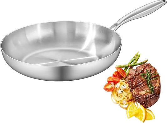 12 Inch Tri-Ply Stainless Steel Frying Pan, Skillet, pan, Induction Cooking Pan, Dishwasher and Oven Safe, Fast & Even Heat, Heavy Duty and Detachable Handle，Fried steak&fried eggs