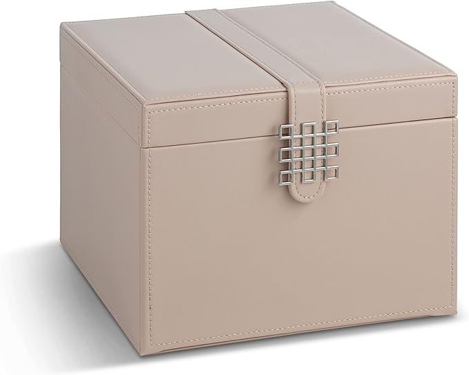 Earring Organizer Holder - 75 Small & 4 Large Slots Classic Jewelry Box with Drawer & Modern Closure, Mirror, 4 Trays Earrings, Ring or Chain Storage - PU Leather Case - Sand