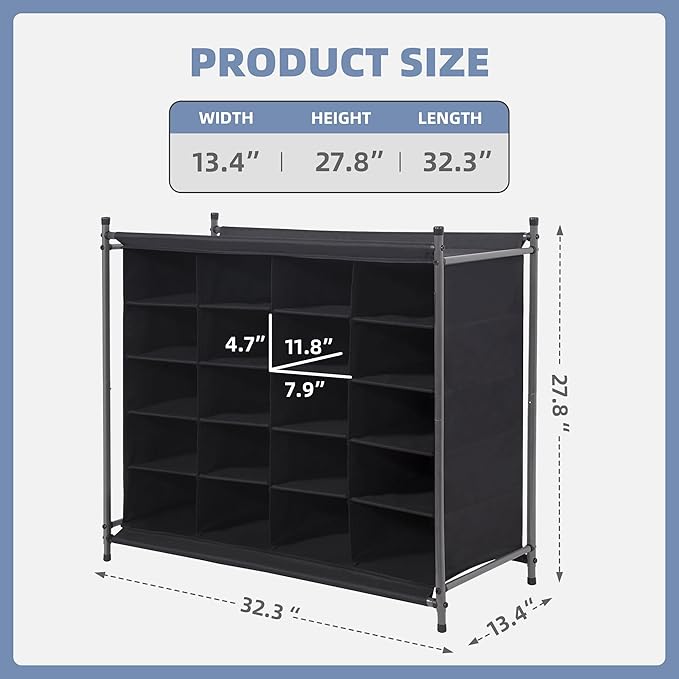STORAGE MANIAC Stackable Shoe Cubby Organizer, Free Standing Shoe Cube Rack for Entryway, Bedroom, Apartment, Closet, 20-Cube Black