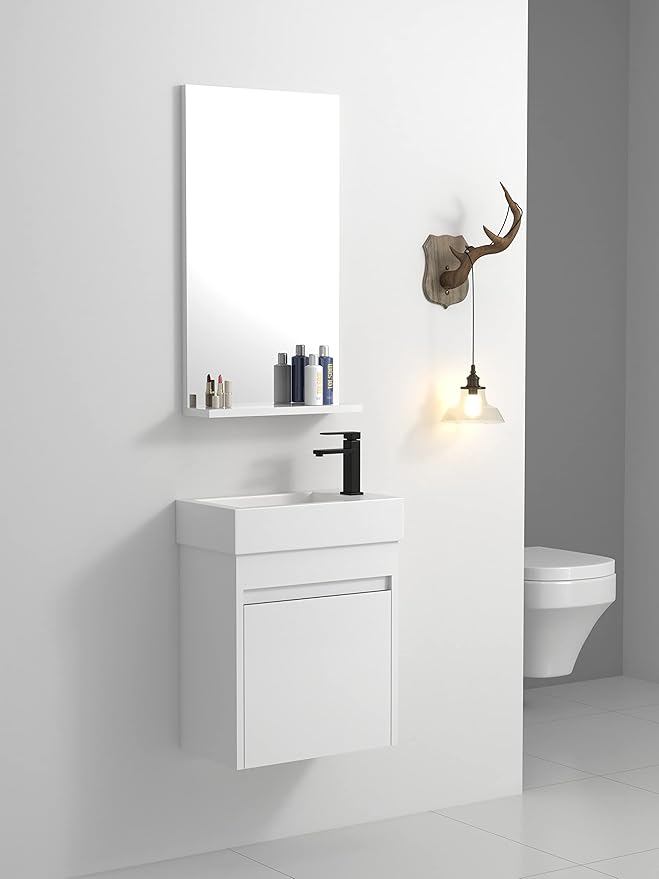 Goujxcy 18" Wall Mounted Bathroom Vanity with Sink, Modern Floating Bathroom Cabinet with White Resin Wash Basin & Storage Cabinet, Soft-Close Door Wood Hanging Bath Room Cabinet