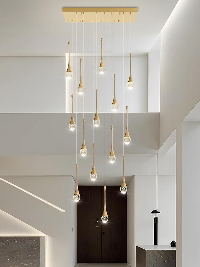 14-Light Modern LED Pendant Lighting Fixture for Kitchen Island Raindrop Crystal Chandelier Gold Chandelier for Dining Room High Ceiling Chandeliers for Staircase Foyer Hallway Villa