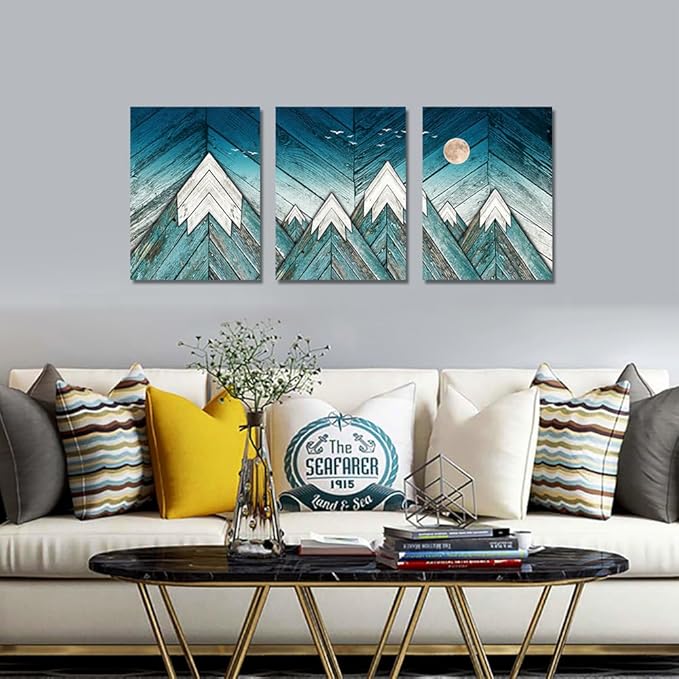 MHARTK66 Wall Art for Living Room Wall decoration for Bedroom office modern family Wall Artworks mountain Pictures blue Abstract Vintage wood grain 3 Piece Home Decor large Canvas Frame Art Prints