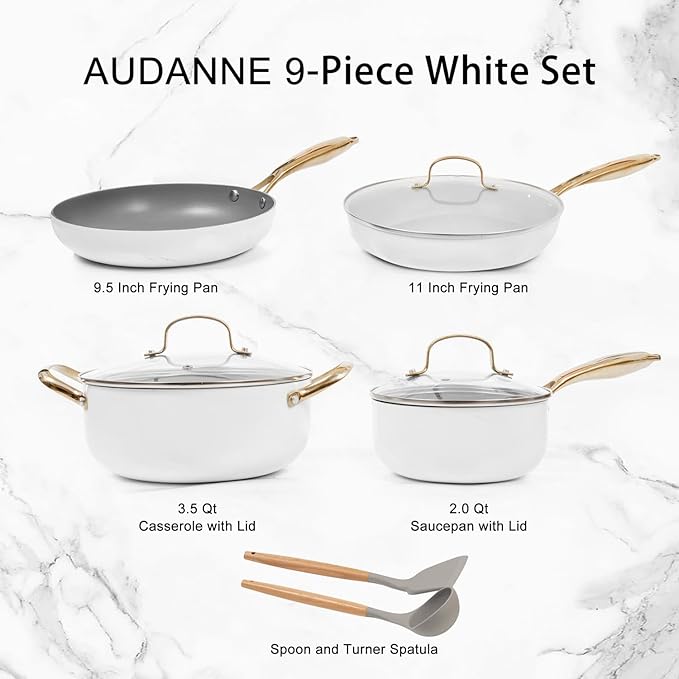 AUDANNE Nonstick Pots and Pans Set 9 Pieces, Non Stick Kitchen Cookware, Cooking Skillets Include Frying Pan with Lid, Saucepan, Casserole, Spoon, Turner Spatula, PFOA Free for Induction, White & Gold