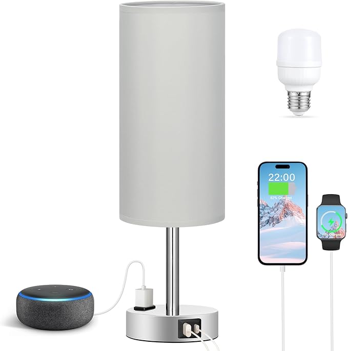 Light Grey Table Lamp for Nightstand - 3 Way Dimmable Touch Bedside Lamp USB C and A Charging Ports and AC Outlet, Small Desk Lamp with Silver Base for Office Nursery, LED Bulb Included