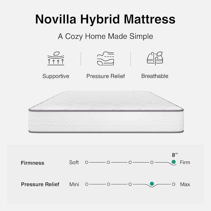 Novilla Full Size Mattress 8 Inch, Full Mattress Hybrid with Comfy Support, Bed Mattresses in a Box with Individual Pocket Springs for Motion Isolation & Pressure Relief, Certipur-Us Certified