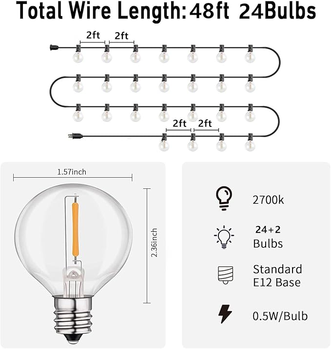 HISTAR 48Ft Patio Lights Outdoor Waterproof 24+2 Edison Bulbs for Garden, Porch, Backyard, Balcony, Bistro, Cafe Lights Decor