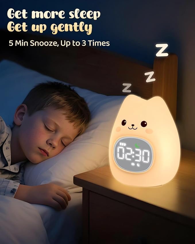 Cat Alarm Clock for Kids with Night Light, Sleep Training Clock Time to Wake Clock, Rechargeable Silicone Light for Bedroom, Perfect Sleep Companion for Boys Girls