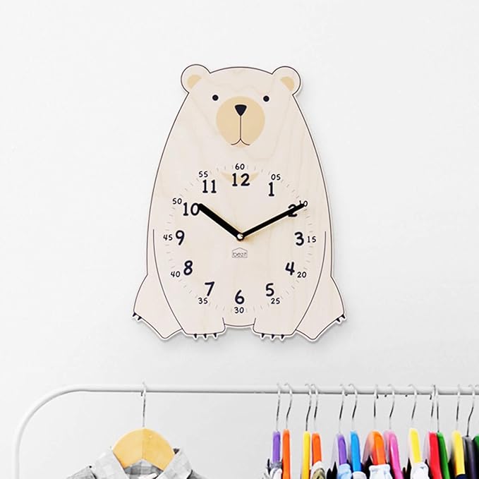 Silent Kids Wall Clock - Non-Ticking, Decorative, Cute Wooden Clock for Nursery, Children, Toddler, Baby Room, Battery Operated - Bear, Unicorn, Owl (Brown Bear)