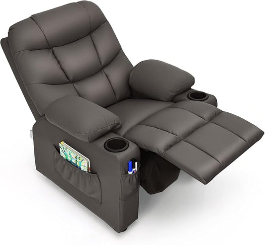 GLACER Kids Recliner Chair w/Cup Holder & Side Pockets, Children Recliner w/Comfortable Backrest, Armrests & Footrest, Toddler PU Leather Recliner for Boys Girls, 3+ Age Group (Brown)