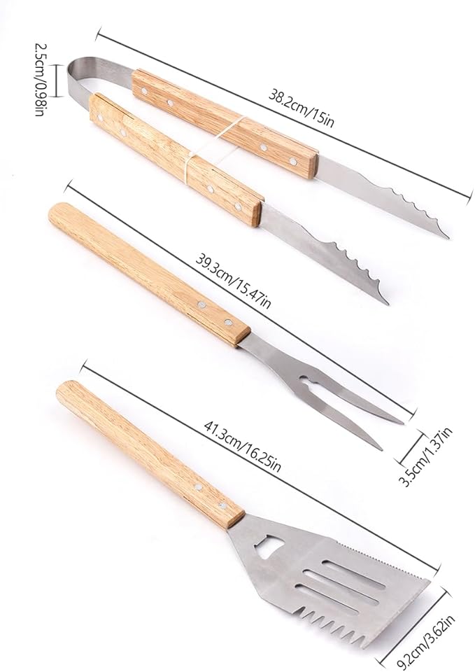 Artisanal Wood-Handled BBQ Set - Robust Stainless Steel Spatula, Fork & Tongs | Stylish Family Gathering Outdoor Camping Grill Tools