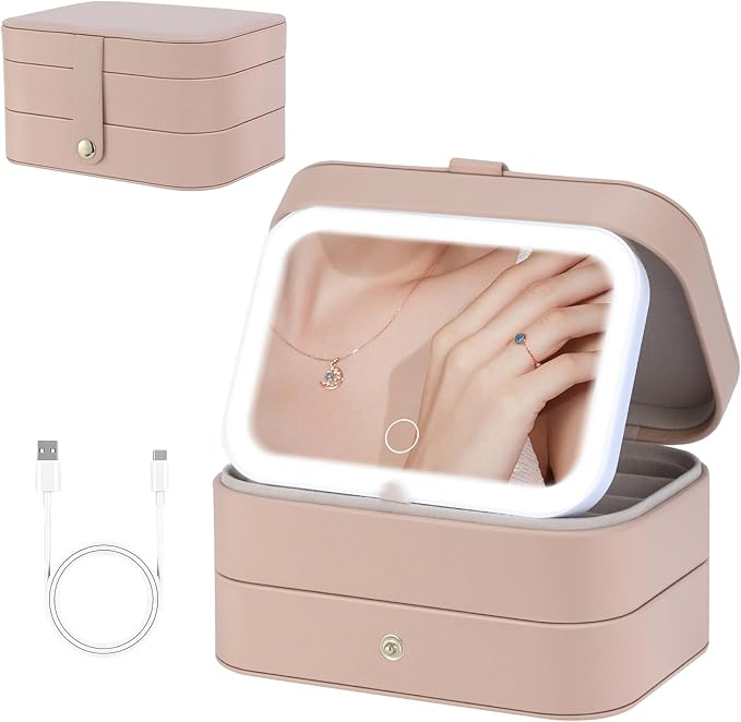 Travel Jewelry Case with LED Lighted Mirror, Personalized Birthday Gifts for Women Girls Kids, 2-Layer Portable Travel Jewelry Organizer, Travel Essentials (Autumn Apricot)