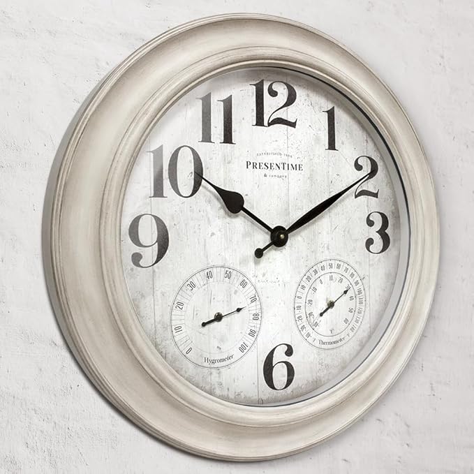 Presentime & Co. 26" Clifton in/Outdoor Farmhouse Clock with Thermometer & Hygrometer as All in One Weather Station, Farmhouse Wall Art and Timepiece for Home Decoration, Weathered White Finish