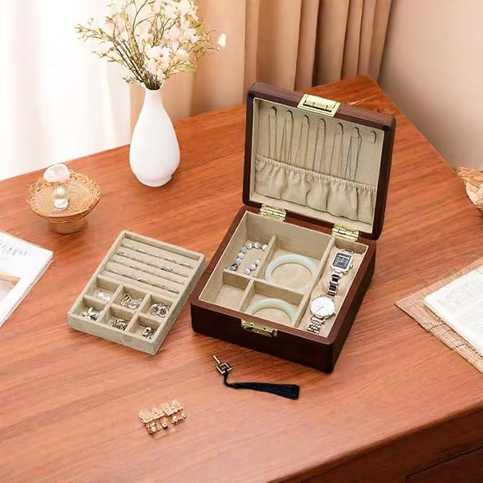 Bescott 2 Layer Solid Wooden Jewelry Box with Lock and Key for Women Men Vintage Velvet Wood Jewelry Organizer Storage for Earrings Rings Necklaces Bracelet Watch Mother’s Day Gift