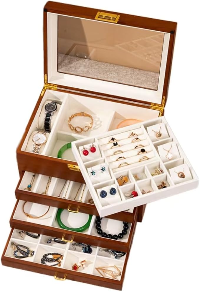 Bescott 5 Layer Solid Wooden Jewelry Box with Lock and Key for Women Men Vintage Velvet Wood Jewelry Organizer Storage for Earrings Rings Necklaces Bracelet Watch Mother’s Day Gift
