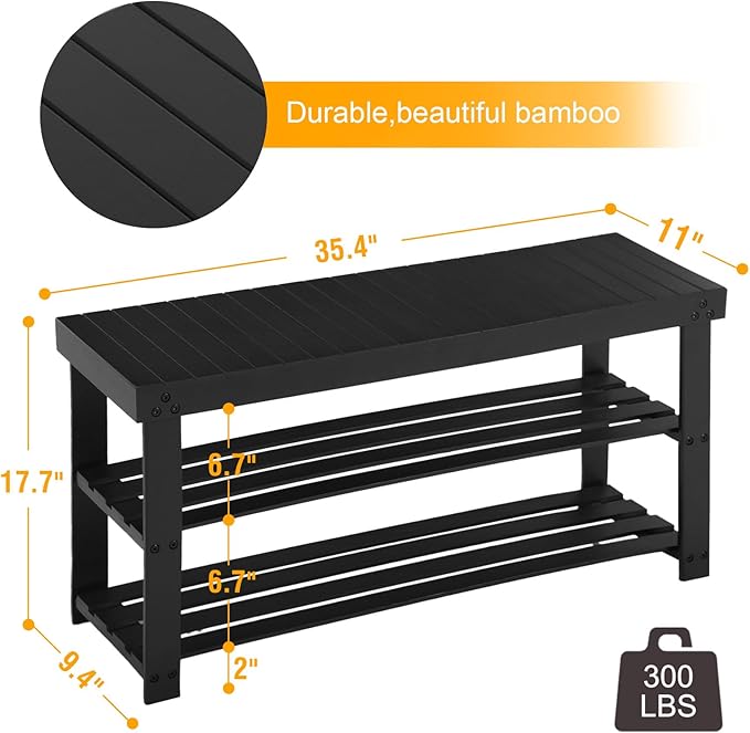 Apicizon Bamboo Shoe Rack for Entryway, 3-Tier Shoe Rack Bench for Front Indoor Entrance, Small Shoe Organizer with Storage, 35.4 Inches, Black