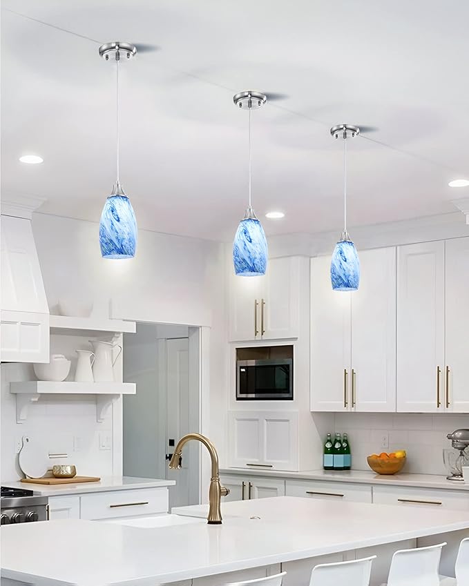 Mini Pendant Lights Kitchen Island White Blue Glass Lamp Shade Hand Blown Glass Pendant Light with Brush Nickel Finish Adjustable Cord for Kitchen Over Sink Hallway,Dining Room,Stairs Way