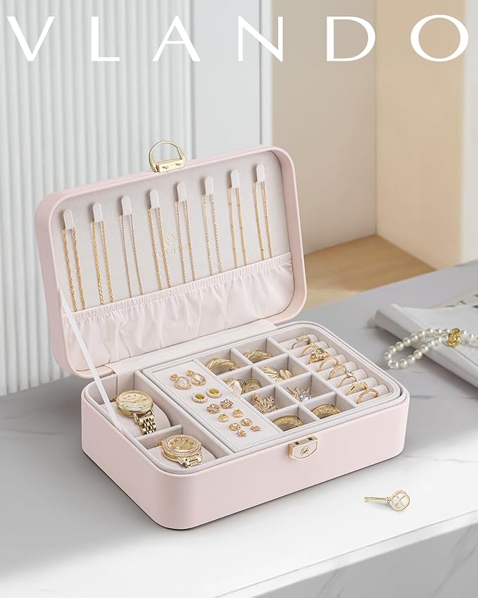 Vlando 2 Layer Jewelry Box,Jewelry Organizer Storage Lockable Earring Organizer Removable Jewelry Tray with Watch Pillow for Neckable Ring Bracelets-Apricot Pink