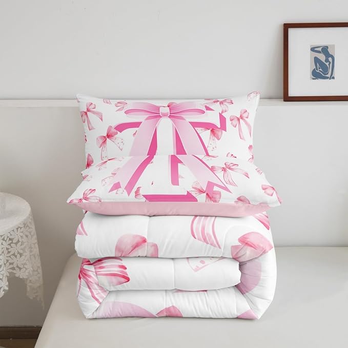 jejeloiu Kids Girls Cute Pink Bow Comforter Set King Size Monogrammed Bedding Set Ultra Soft Personalized Initial T Duvet Quilt Coquette Bow Knot Quilt Set Room Decor Modern Fashion Comforter