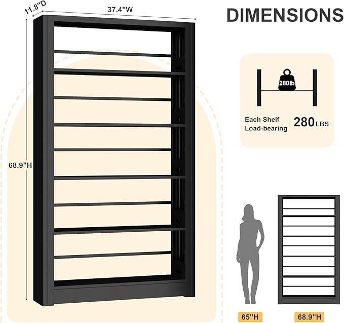 5-Tier Industrial Bookshelf, White Bookcases and Bookshelves,Tall Bookshelf Storage Organizer,Freestanding for Living Room, Bedroom,Home Office,Meta,Black