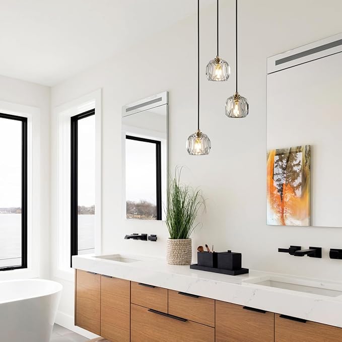 3 Light Pendant Light Fixtures, Crystal Pendant Lights Kitchen Island, Modern Hanging Lights Brushed Brass Cluster Pendant Lighting for Dining Room Bathroom
