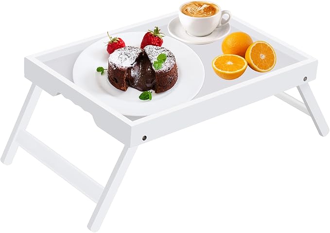 Artmeer Bed Tray Table with Folding Legs,Bamboo Breakfast in Bed for TV Table, Laptop Computer Tray,Eating,Snack Tray (White) Large Size
