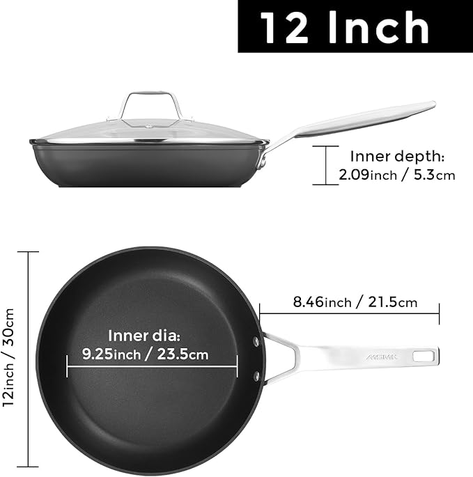 MsMk 12 Inch Nonstick Frying Pan with Lid, Titanium and Ceramic Nonstick skillet with lid, PFOA Free, Non-Toxic, Stay-Cool Handle, Scratch-resistant, Dishwasher Safe, Oven Safe to 700°F