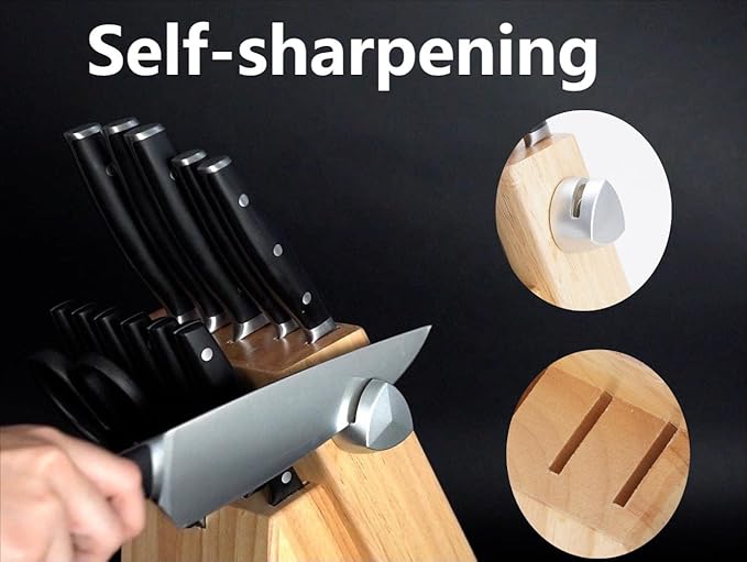 Knife Set, 14 Pieces German Steel Knife Sets for Kitchen with Block, Kitchen Scissors, Sharp Kitchen Knife Set for Home and Restaurants, Classic Elegant Black