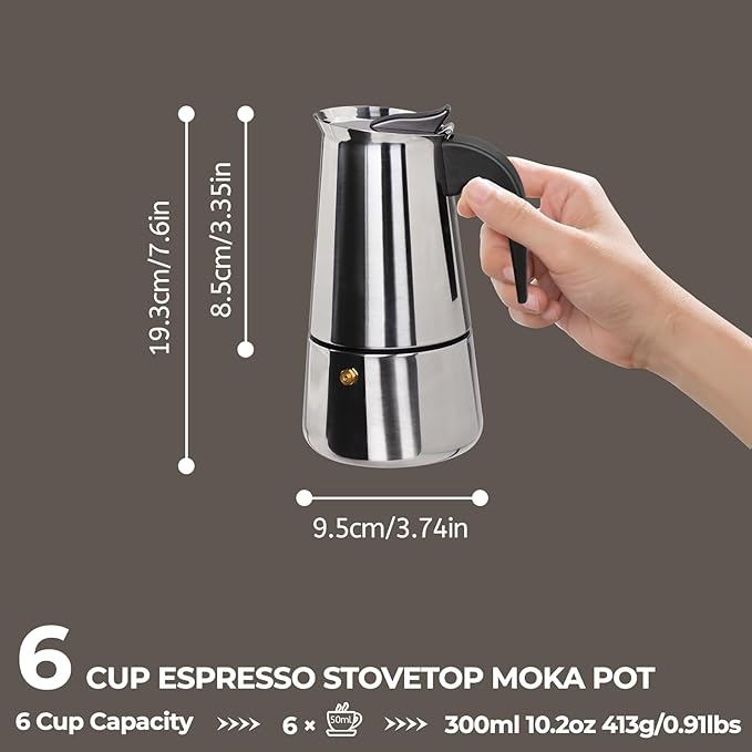 6 Cup 300ml Moka Pot Stainless Steel Espresso Coffee Maker Stovetop Percolator Coffeemaker Italian Classic Style Brewing Greca Cafe Mocha Machine for Cafeteras Lover Camping Travel and Home Use 10oz