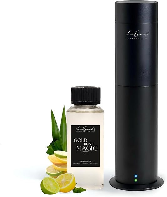 Aroma Scent Diffuser Starter Kit for Up to 1000SQ. FT. Coverage - 120ML Waterless Essential Oil Scent Included - Luxury Aroma Diffuser Ideal for Home, Office & Hotel (Black, Gold Rush Magic)