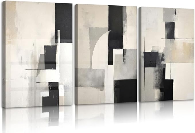 3Pcs Framed Neutral Abstract Canvas Wall Art Floral Pictures Modern Minimalist Posters Prints Beige Black Flower Wall Decoration for Living Room Bedroom Bathroom Office 16x24in