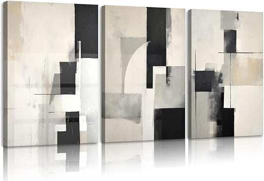 3Pcs Framed Neutral Abstract Canvas Wall Art Floral Pictures Modern Minimalist Posters Prints Beige Black Flower Wall Decoration for Living Room Bedroom Bathroom Office 12x16in