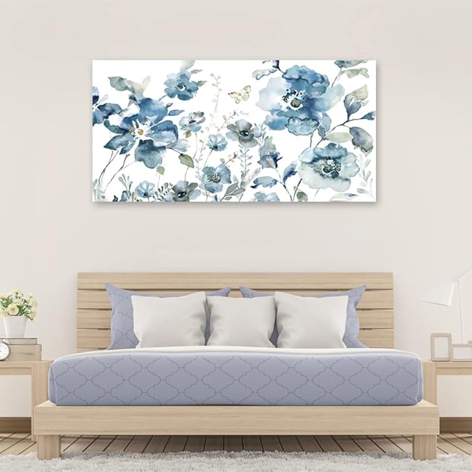 Flower Canvas Wall Art Blue Floral Canvas Painting Pictures for Gallery Wall Decor Butterfly Flies in Indigo Flowers Canvas Prints Artwork for Living Room Bedroom Home Wall Decorations 40" X 20"