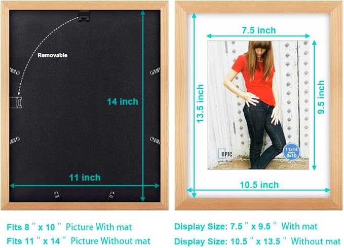 RPJC 11x14 inch Picture Frame Made of Solid Wood and High Definition Glass Display Pictures 8x10 with Mat or 11x14 Without Mat for Wall Mounting Photo Frame Natural