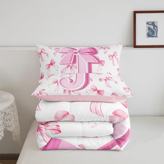 jejeloiu Kids Girls Cute Pink Bow Comforter Set Toddler Size Monogrammed Bedding Set Ultra Soft Personalized Initial J Duvet Quilt Coquette Bow Knot Quilt Set Room Decor Modern Fashion Comforter