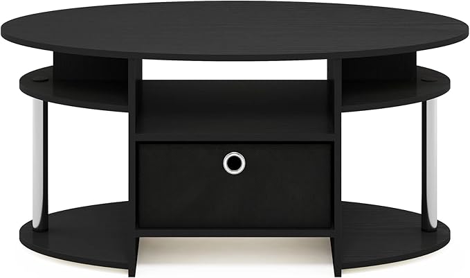 Furinno Jaya Simple Design Oval Coffee Table with Bin for Living Room, Americano/Chrome/Black