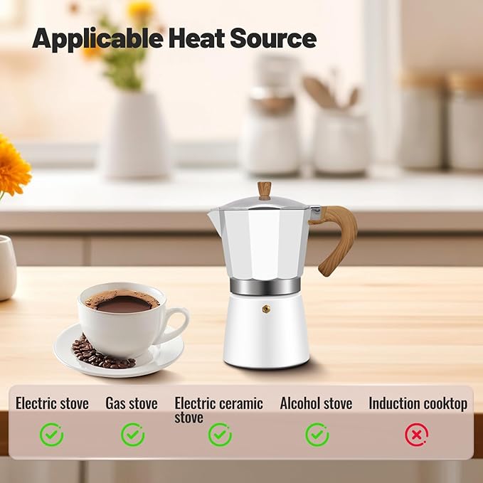 3 Cup Aluminum Moka Pot Classic Stovetop Espresso Coffee Maker 150ml 5oz Coffeemaker Percolator Mocha Express Preferred Cafe Makers for Italian and Cuban Café Brewing White