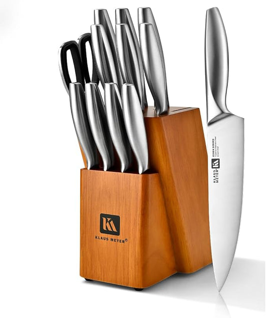 13-Piece Kitchen Knife Set With Block, High Carbon Stainless Steel and Non-Slip Handles. Rust Proof And Dishwasher Safe Cutlery