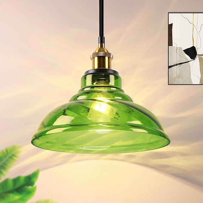 Vintage Pendant Light, Mid Century Modern Pendant Light with Hand Blown Green Glass Shade,Gold 1-Light Farmhouse Chandelier Ceiling Hanging Light fixtures for Dining Room Bedroom