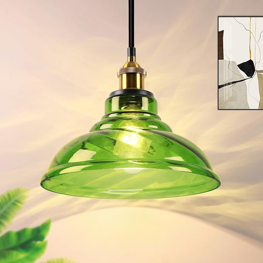 Vintage Pendant Light, Mid Century Modern Pendant Light with Hand Blown Green Glass Shade,Gold 1-Light Farmhouse Chandelier Ceiling Hanging Light fixtures for Dining Room Bedroom