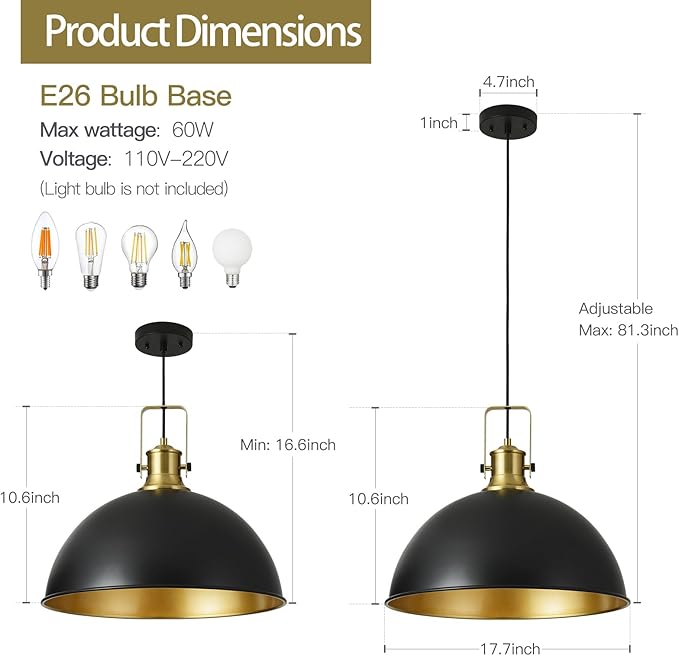 18 Inch Black Farmhouse Pendant Lights for Kitchen Island Industrial Haning Lamp Adjustable Height Vintage Dome Hanging Light Fixtures for Barn, Dining Room