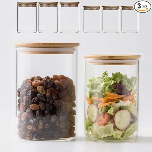 33 oz Glass Food Storage Jars with Airtight Lids, Clear Glass Jar with Bamboo Lid, Airtight Food Canister for Tea, Candy, Coffee, Sugar, Cookie, Snack. (Round | 5+6 Inch) SET of 3