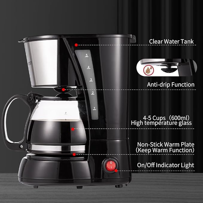4-5 Cups Drip Coffee Maker, Coffee Pot Machine Permanent Coffee Filter, Mini,20Oz Electric Coffee Maker,650W Black and Stainless Steel