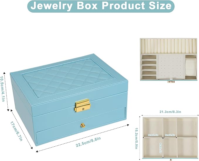 2-Layer Jewelry Box for Women, Jewelry Organizers and Storage with Removable Jewelry Tray, Vintage Quilted Top Lockable Jewelry Holder Gift Idea Sky Blue