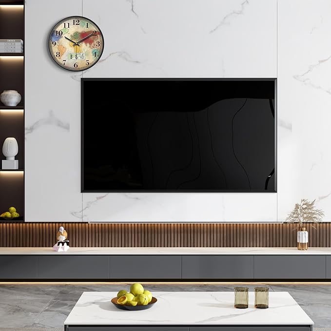 Modern Round Retro Digital and Analog Wall Clock Silent Calendar Colorful World Map Vintage Clocks with Date and Temperature Week Quiet Non-Ticking Kid Room Office Kitchen Decor for Bedroom 14 Inch