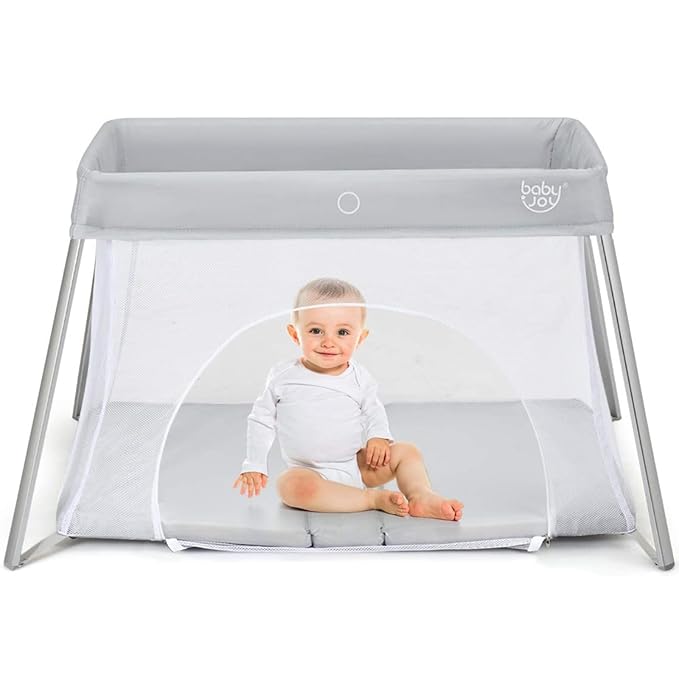 BABY JOY 2 in 1 Travel Crib with Side Zipper, Portable Baby Playard with Soft Washable Mattress, Installation-Free Home Playard with Carry Bag for Airplane, Lightweight Playpen for Infants &Toddlers